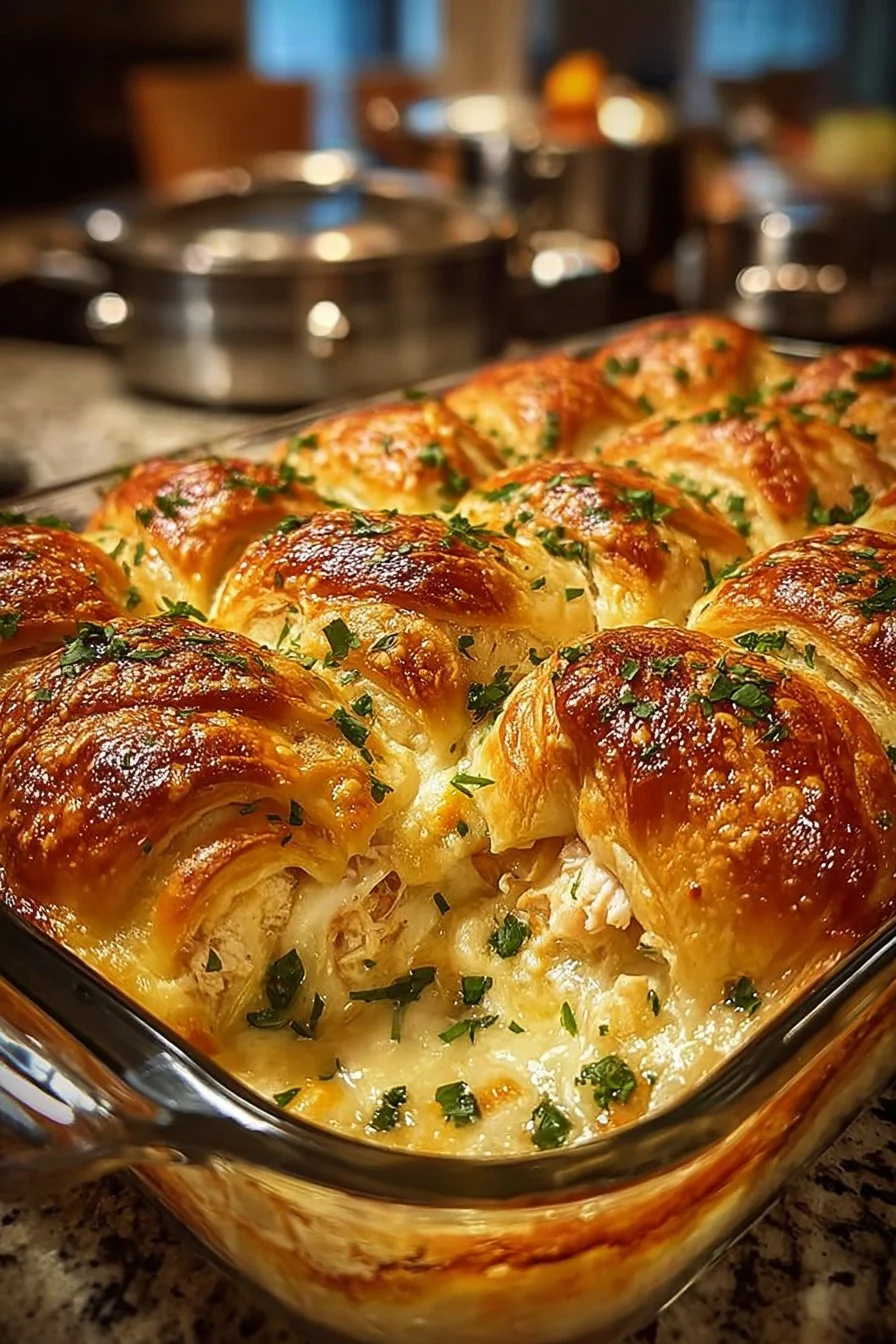 Cheesy Chicken Crescent Bake freshly prepared and served on a plate.