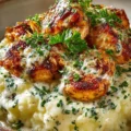 Plate of chicken and garlic gravy served with cheesy mashed potatoes
