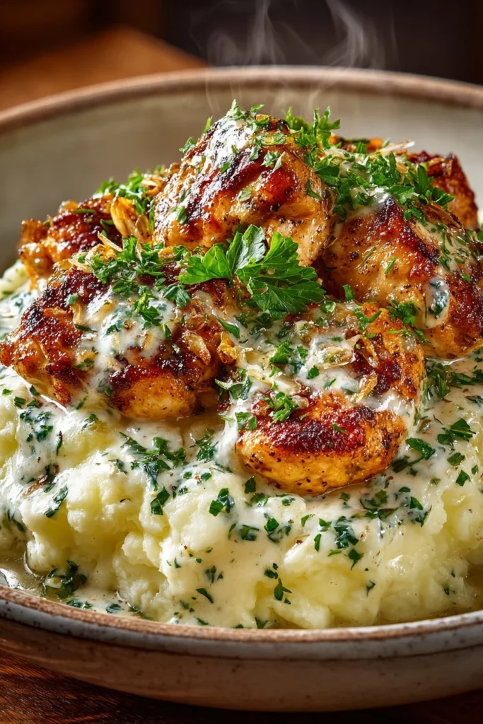 Plate of chicken and garlic gravy served with cheesy mashed potatoes