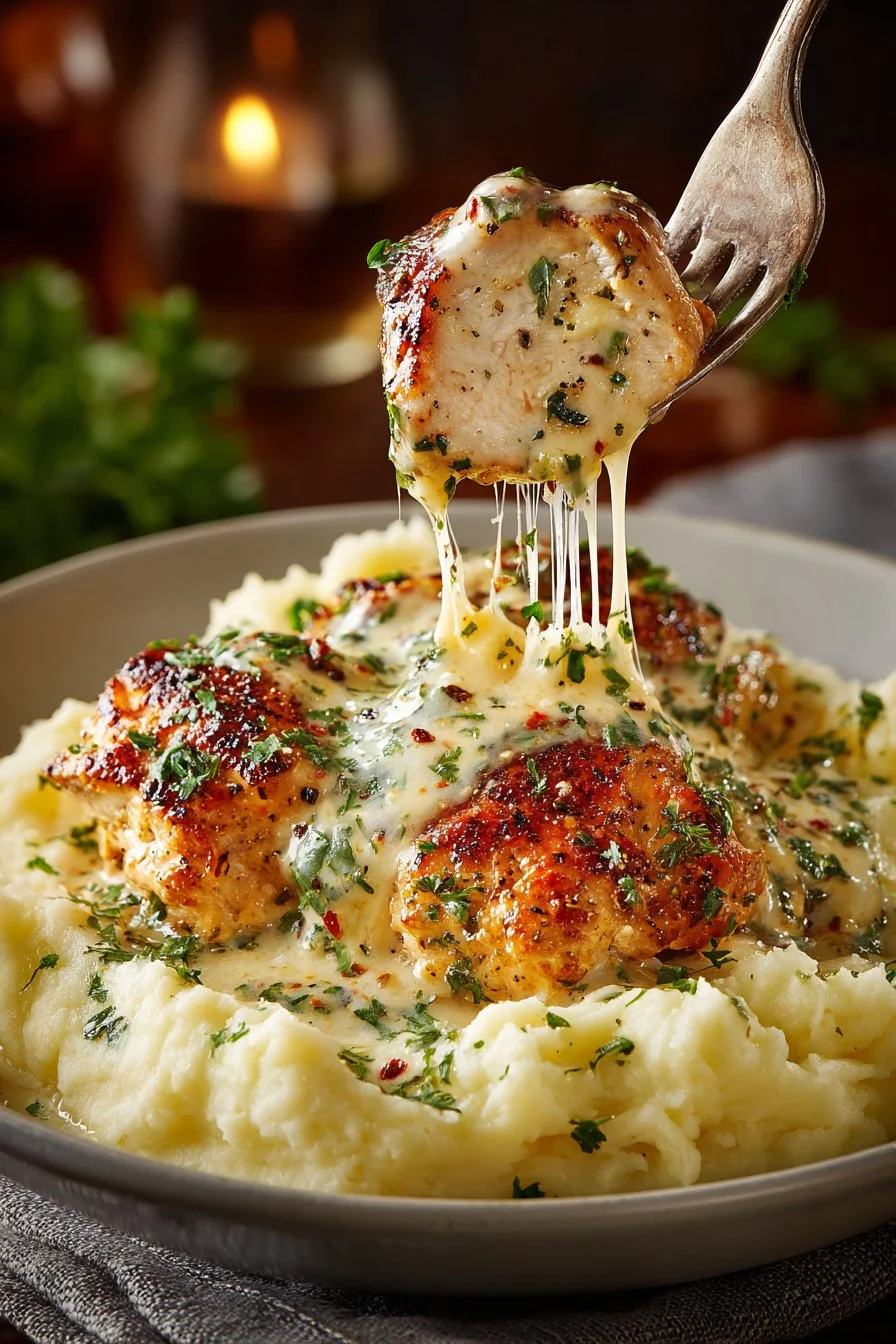 Chicken and Garlic Gravy with Cheesy Mashed Potatoes