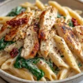 Bowl of creamy Tuscan chicken pasta garnished with fresh basil