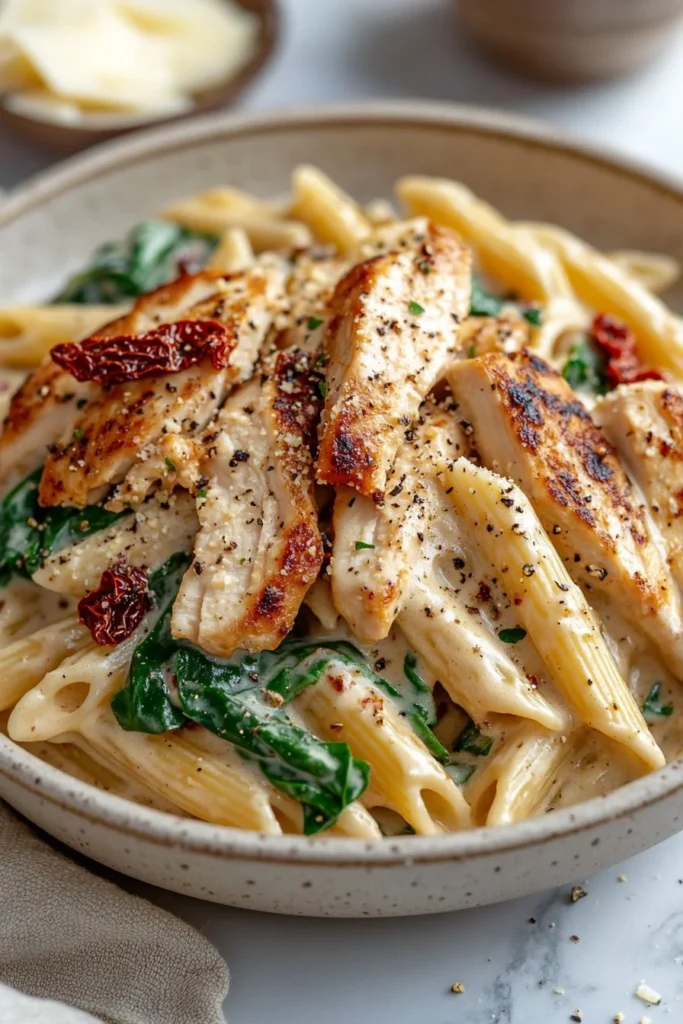 Bowl of creamy Tuscan chicken pasta garnished with fresh basil
