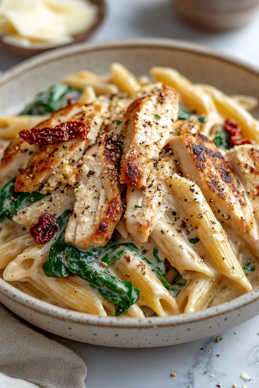 Bowl of creamy Tuscan chicken pasta garnished with fresh basil