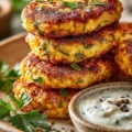 Cottage cheese chicken patties served on a plate with fresh herbs