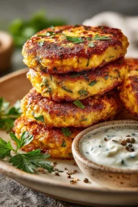 Cottage cheese chicken patties served on a plate with fresh herbs