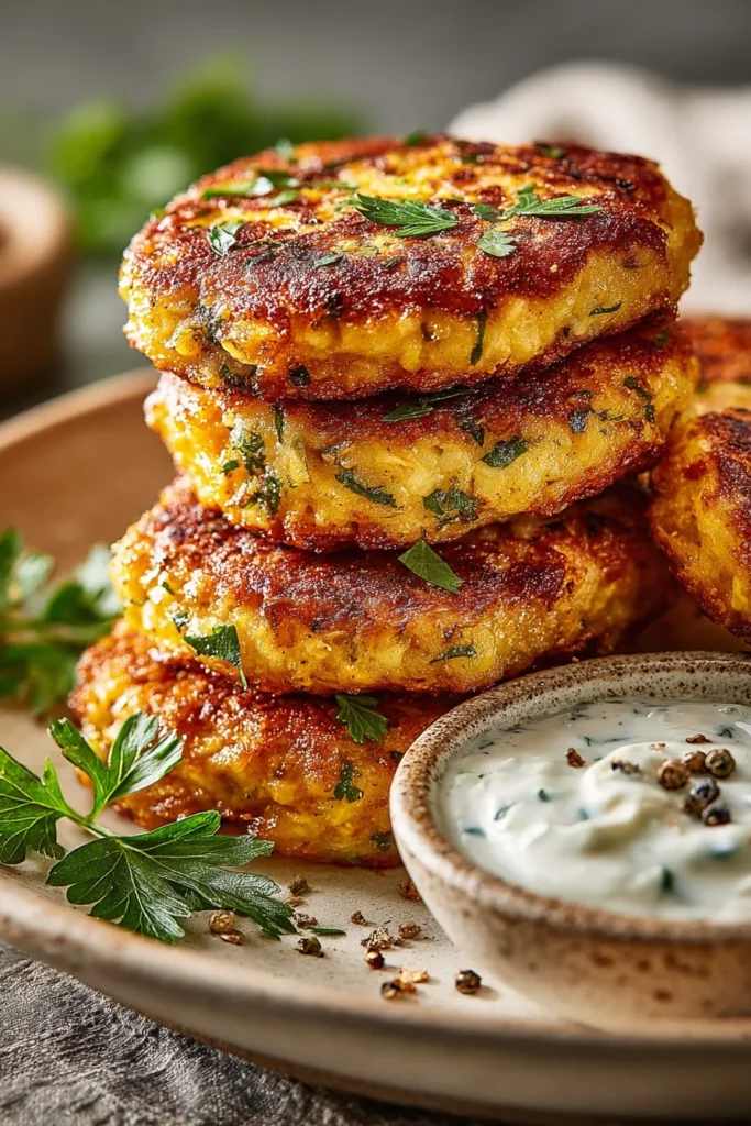 Cottage cheese chicken patties served on a plate with fresh herbs
