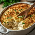 Creamy chicken casserole topped with cheese and herbs, served in a baking dish
