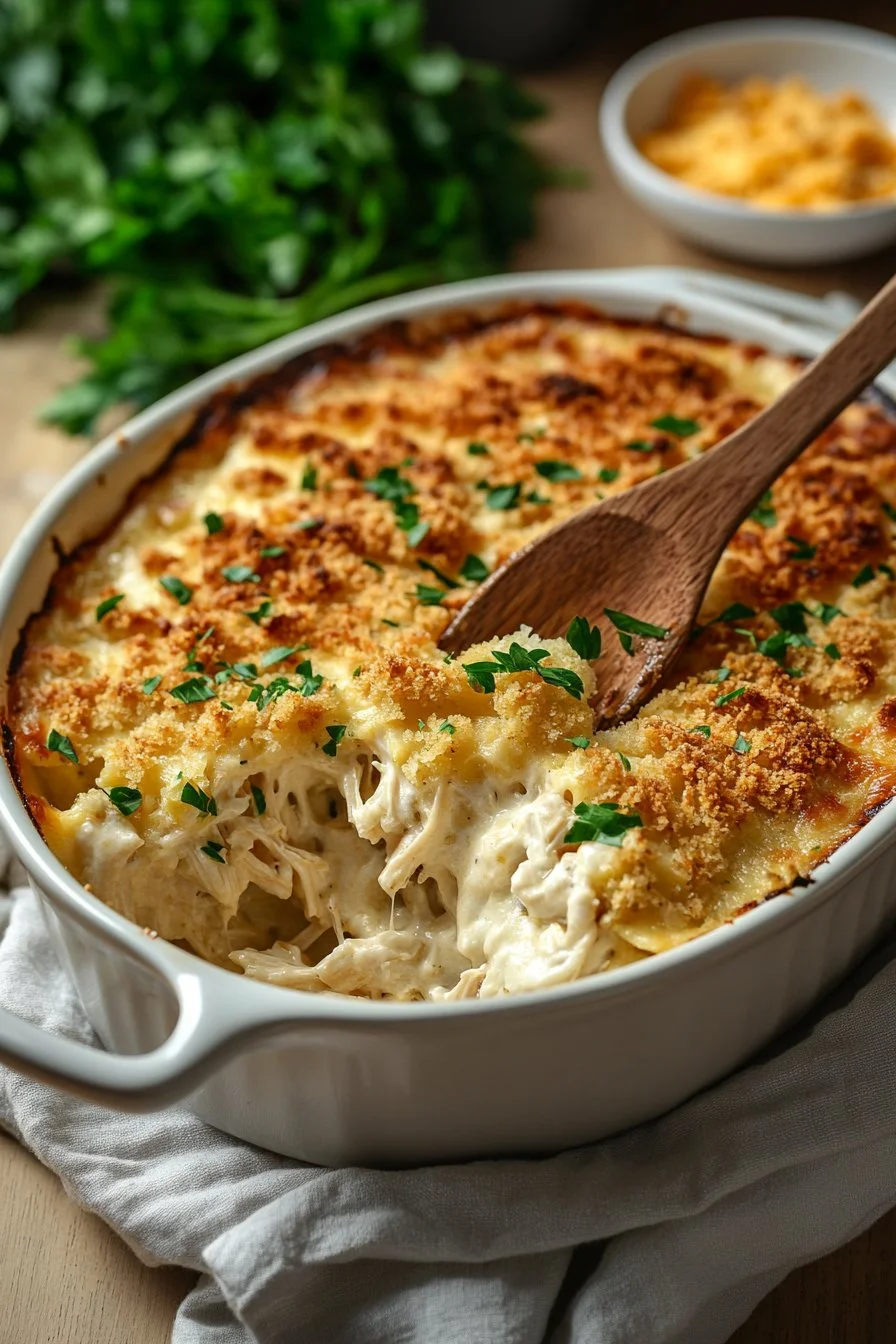 Creamy chicken casserole topped with cheese and herbs, served in a baking dish