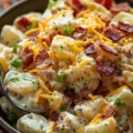 Crispy Bacon Ranch Potato Salad garnished with fresh herbs and bacon bits