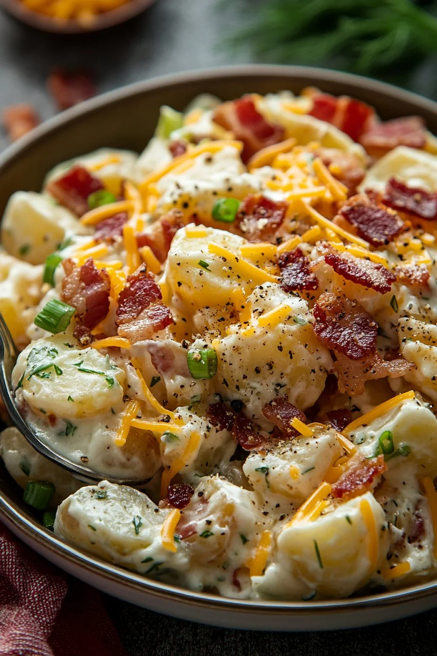 Crispy Bacon Ranch Potato Salad garnished with fresh herbs and bacon bits