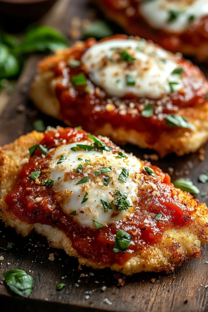 Crispy Parmesan Chicken served on a plate with herbs