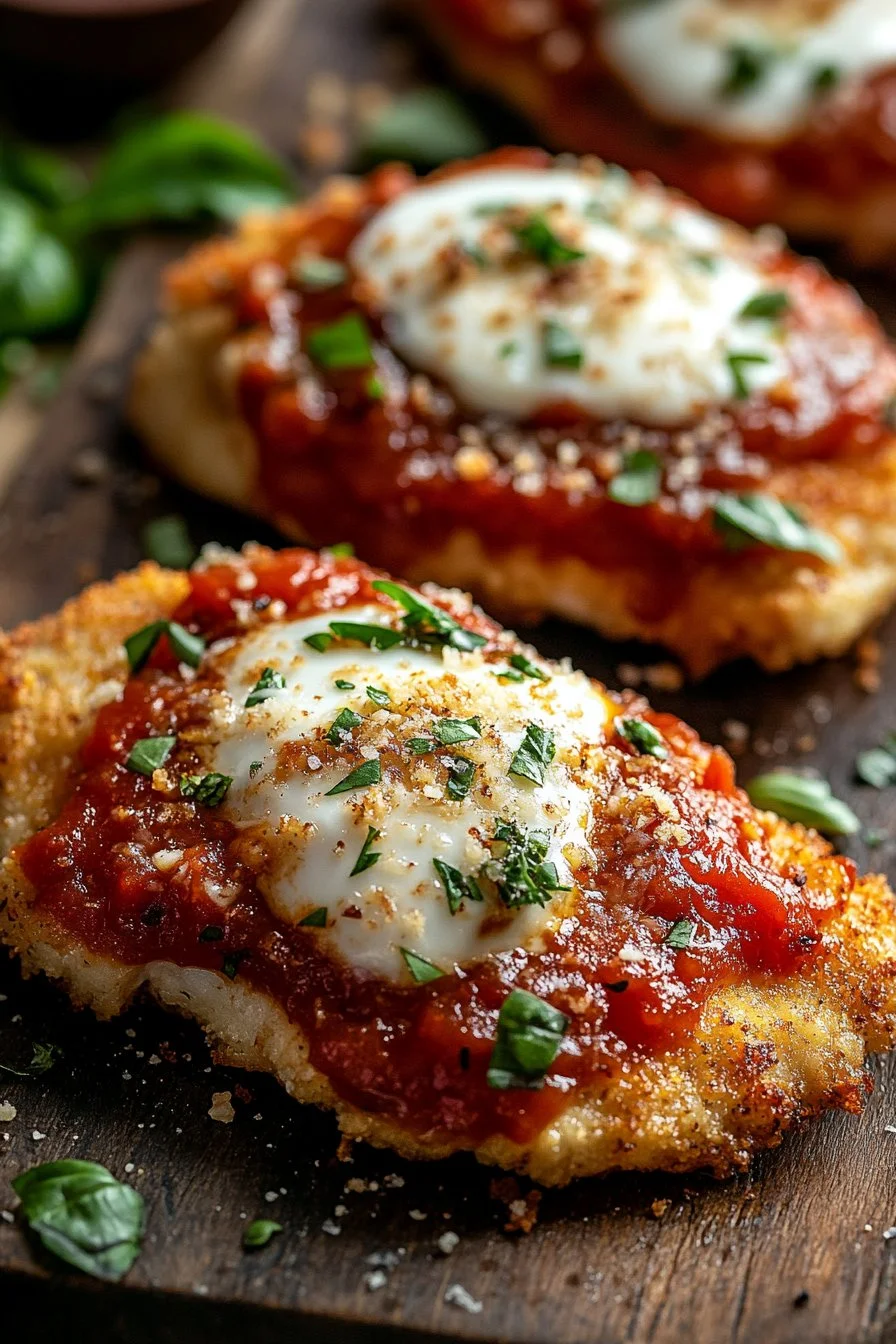 Crispy Parmesan Chicken served on a plate with herbs
