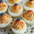 Delicious deviled eggs served for a 4th of July celebration.