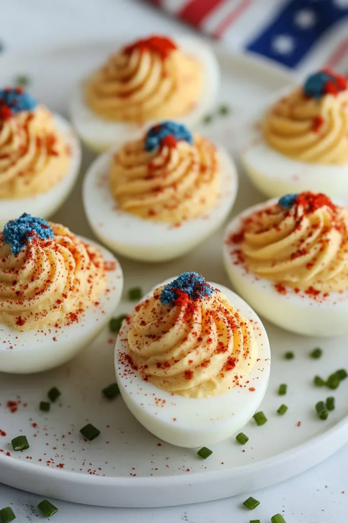 Delicious deviled eggs served for a 4th of July celebration.