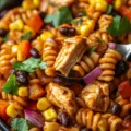 A colorful bowl of easy BBQ Chicken Pasta Salad garnished with fresh herbs.