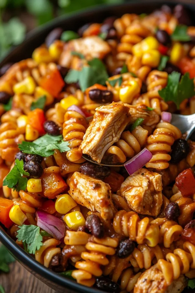 A colorful bowl of easy BBQ Chicken Pasta Salad garnished with fresh herbs.