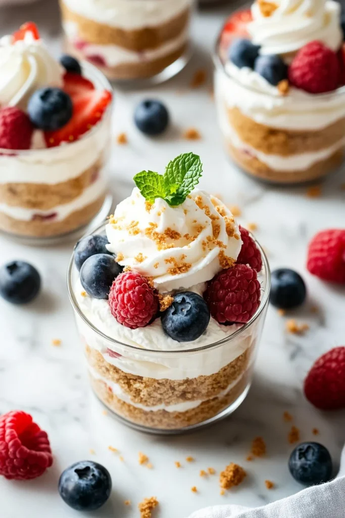 Delicious easy berry cheesecake cups topped with fresh berries.