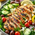 Bowl of easy Mediterranean chicken salad with fresh vegetables and herbs