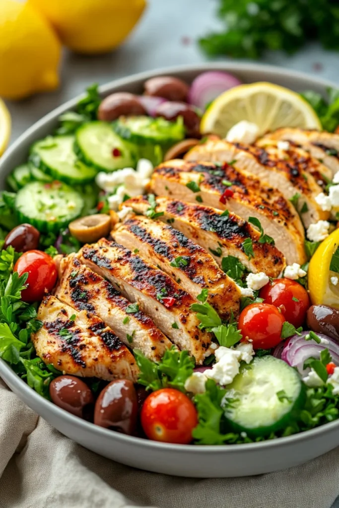 Bowl of easy Mediterranean chicken salad with fresh vegetables and herbs
