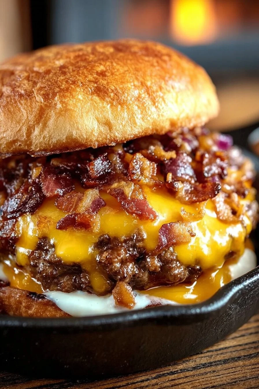 Delicious Father's Day bacon double smash burger with crispy edges and juicy patty.