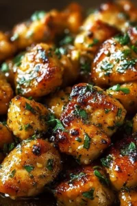Flavorful Garlic Butter Chicken Bites garnished with herbs on a white plate
