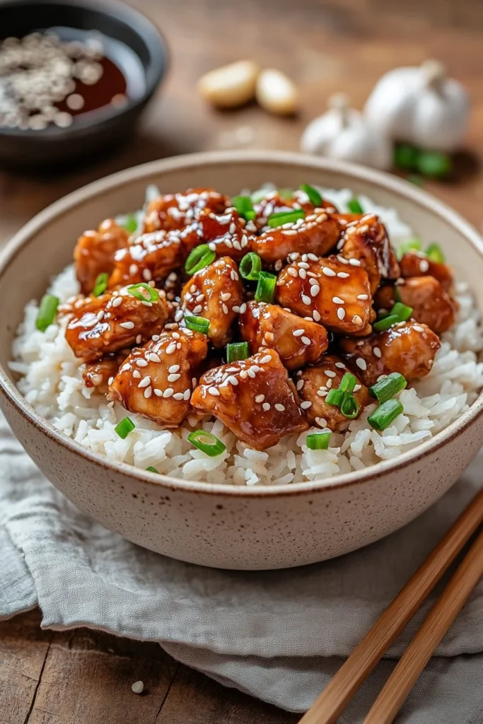 Honey Garlic Chicken Rice Bowl with vegetables and rice
