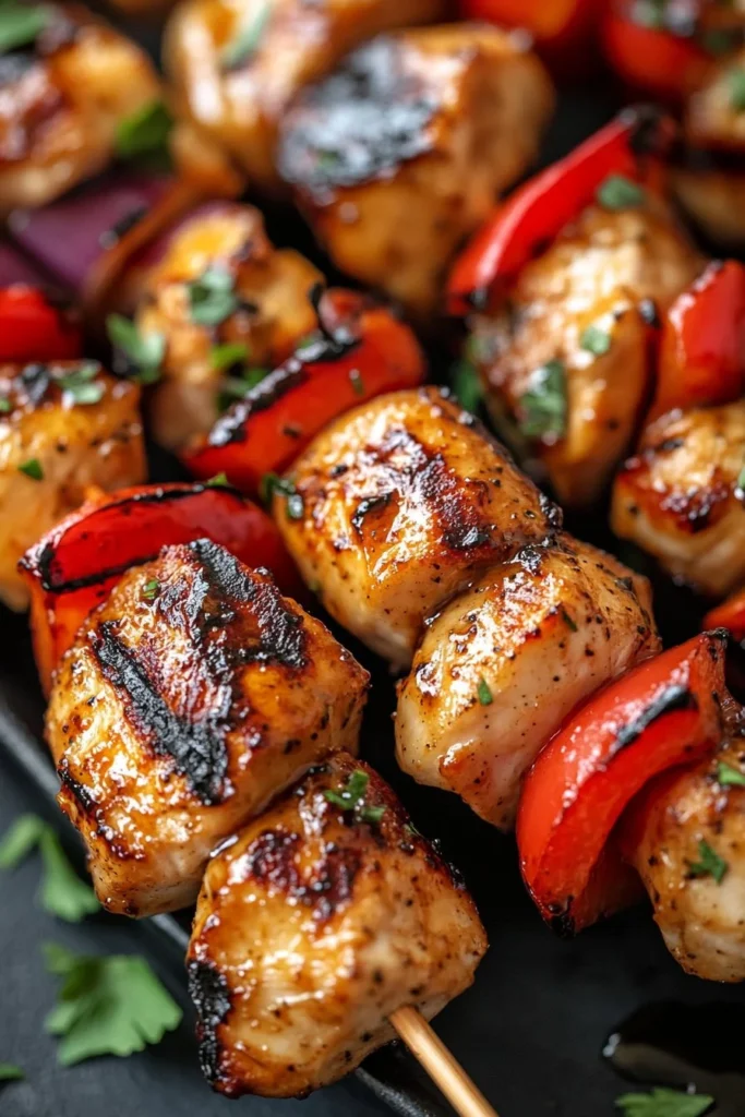 Honey Mustard Chicken Skewers grilled to perfection with vibrant colors.