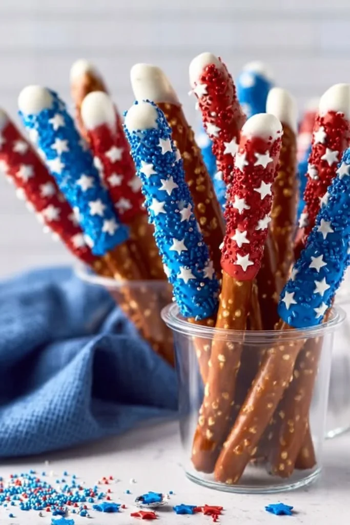 Patriotic chocolate dipped pretzel rods decorated with red, white, and blue sprinkles