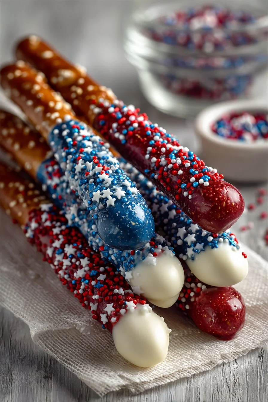 Patriotic Chocolate Dipped Pretzel Rods