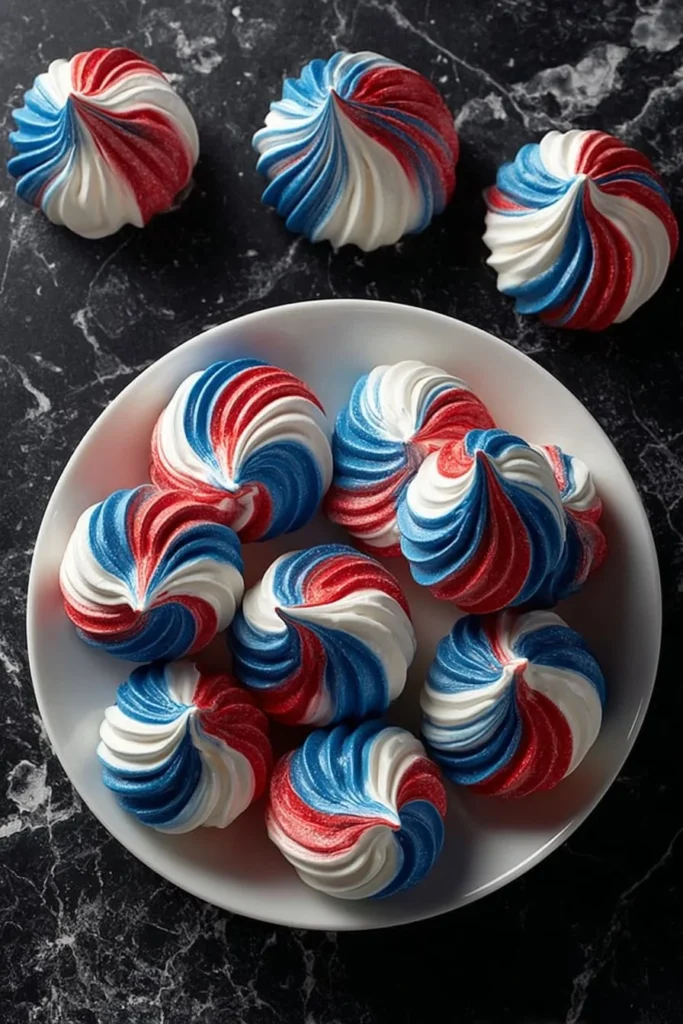 Patriotic meringue kisses in red, white, and blue colors, ideal for celebrations.
