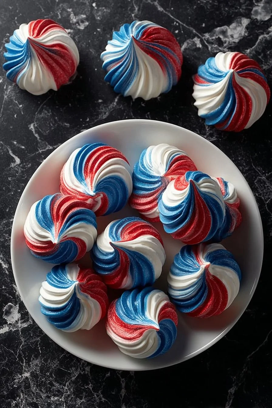 Patriotic meringue kisses in red, white, and blue colors, ideal for celebrations.
