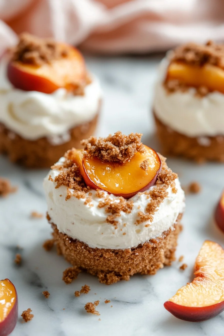 Peach Cobbler Cheesecake Bites served on a plate, showcasing delicious layers and toppings.