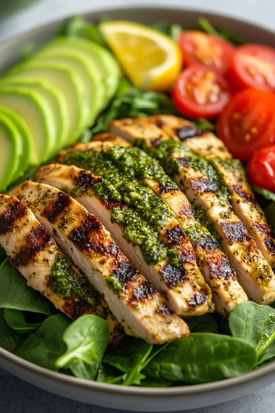 Pesto grilled chicken avocado salad garnished with fresh herbs and tomatoes
