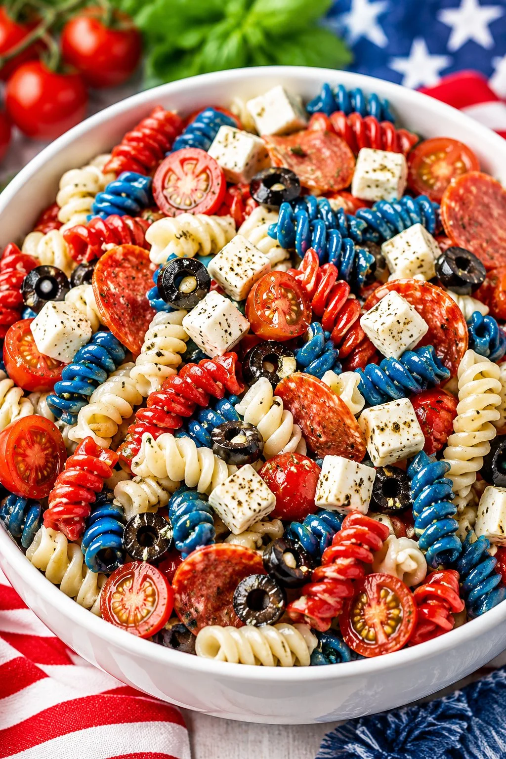 Delicious Red, White and Blue Pasta Salad with colorful ingredients for summer events.