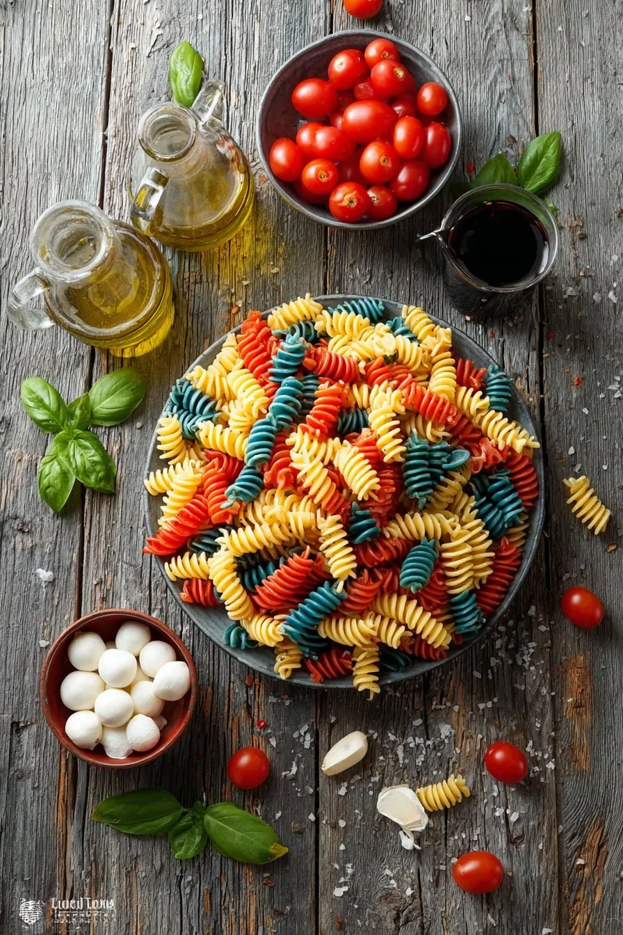 Red white and blue pasta salad in a bowl, perfect for summer gatherings