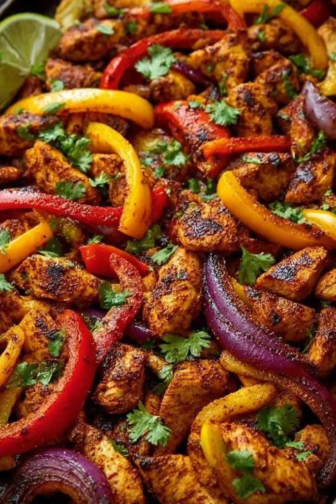 Delicious sheet pan chicken fajitas with colorful bell peppers and onions.