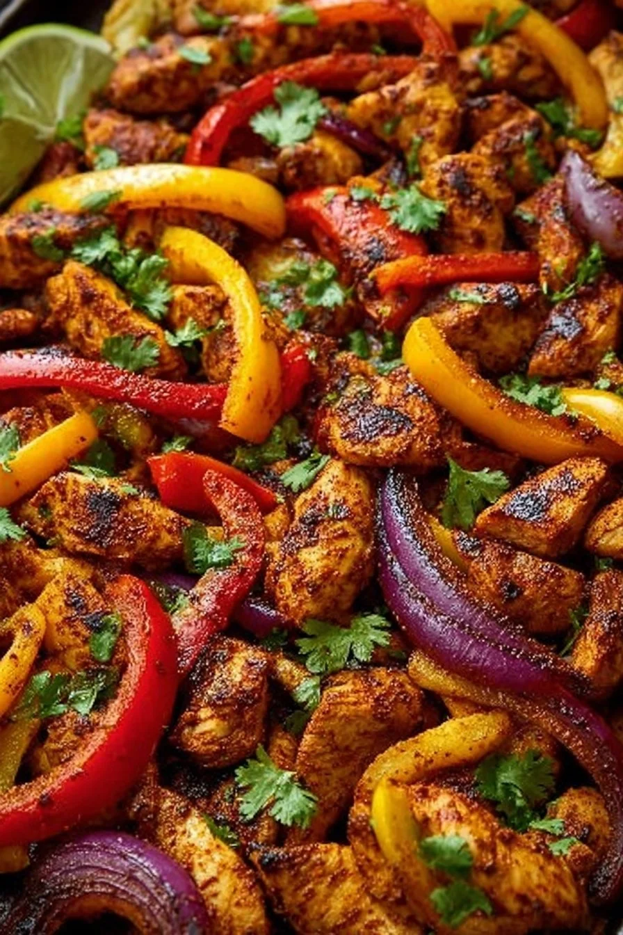 Delicious sheet pan chicken fajitas with colorful bell peppers and onions.