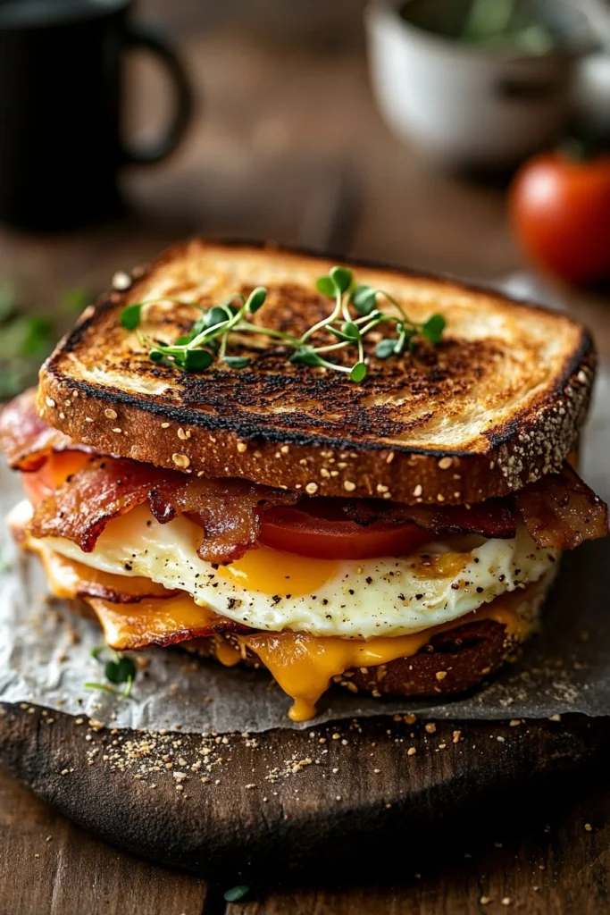Delicious sourdough breakfast sandwich with egg, avocado, and cheese