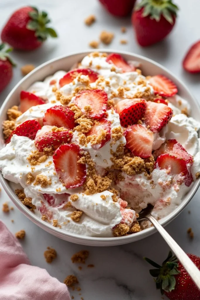 Delicious strawberry cheesecake salad served in a bowl with fresh strawberries.