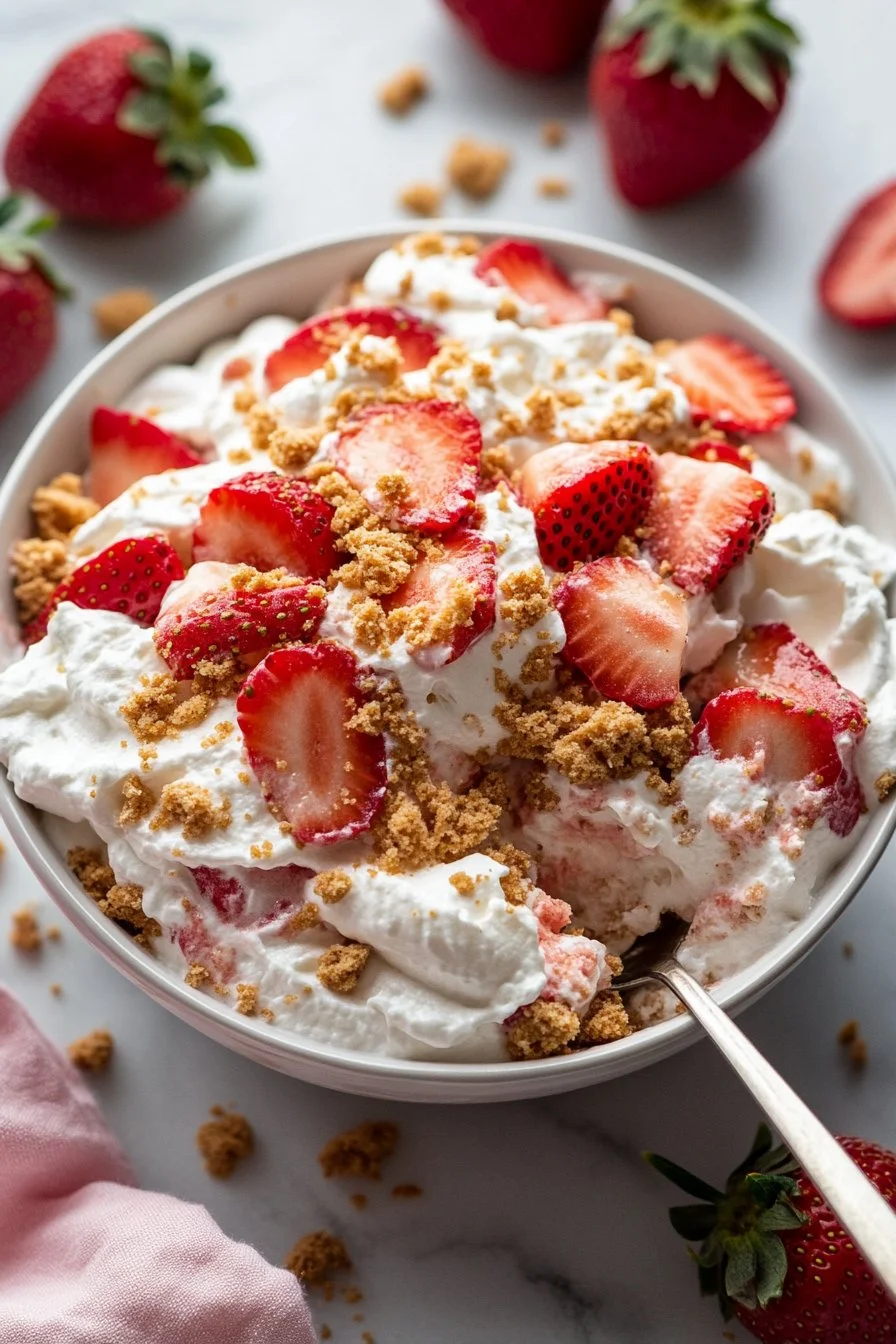 Delicious strawberry cheesecake salad served in a bowl with fresh strawberries.
