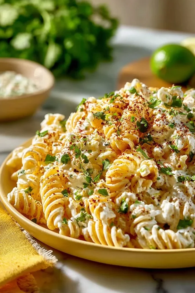 Tasty elote pasta salad with Greek yogurt served in a bowl
