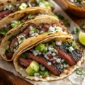 A plate of authentic carne asada tacos garnished with onions and cilantro.