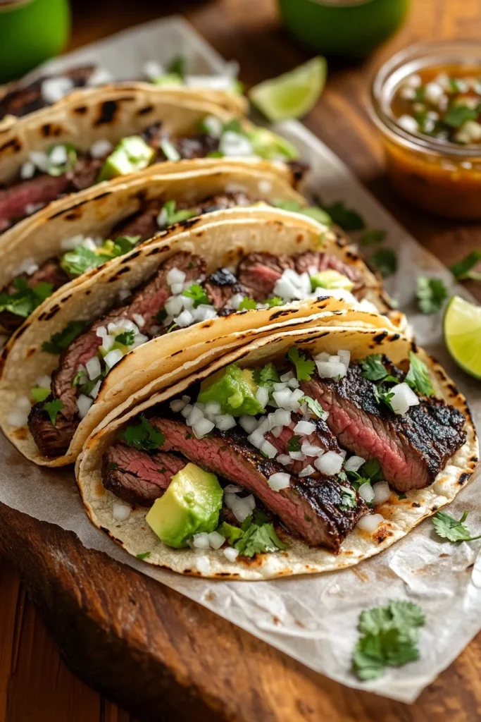 A plate of authentic carne asada tacos garnished with onions and cilantro.