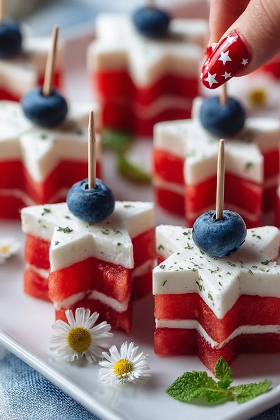 Watermelon feta skewers with fresh mint on a platter