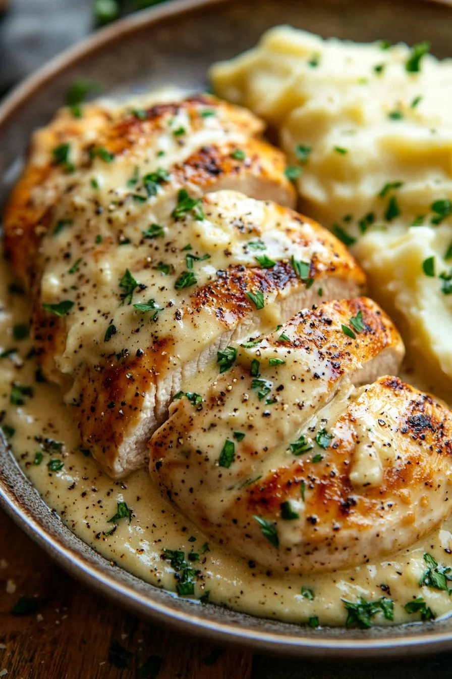 Creamy Garlic Parmesan Chicken with herbs and spices