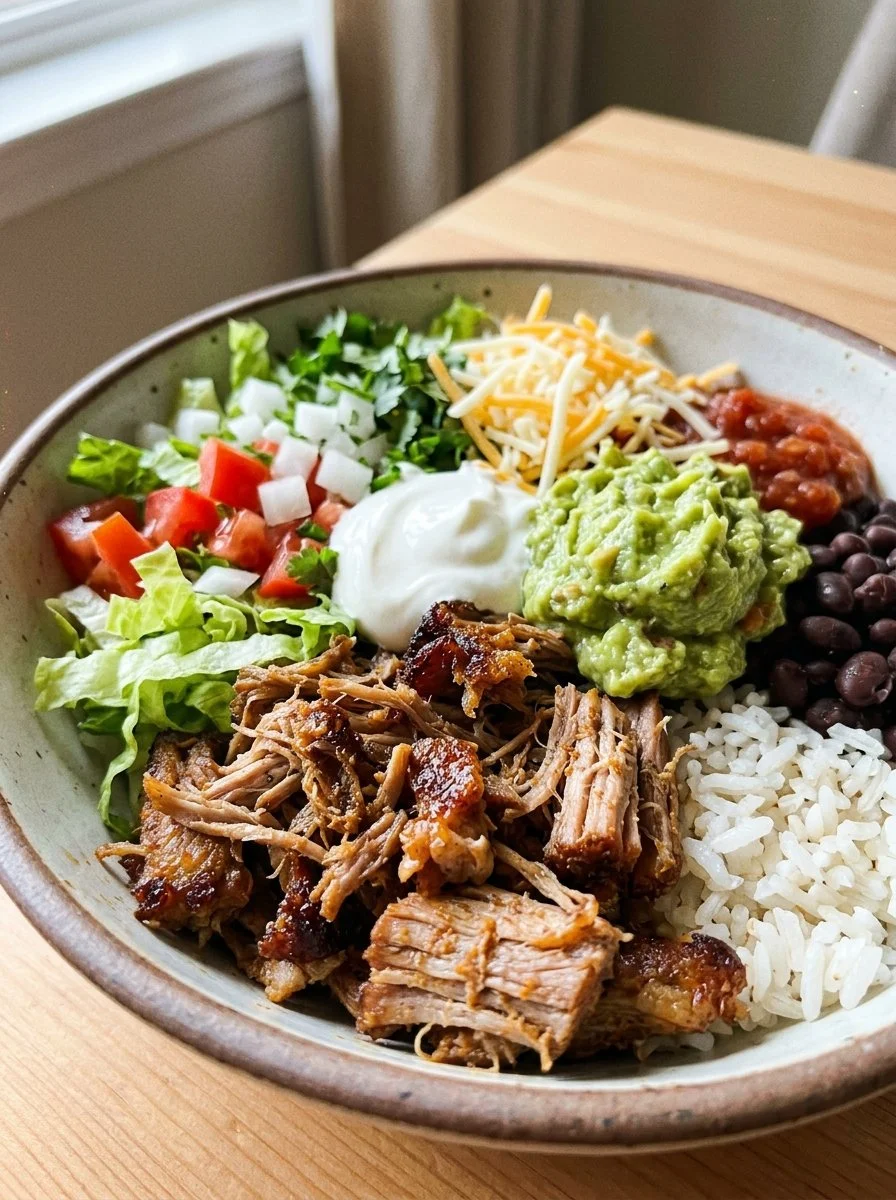 Delicious carnitas burrito bowl topped with fresh ingredients and flavors