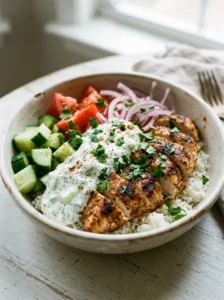 Delicious Chicken Gyro Bowl with fresh vegetables and tzatziki sauce