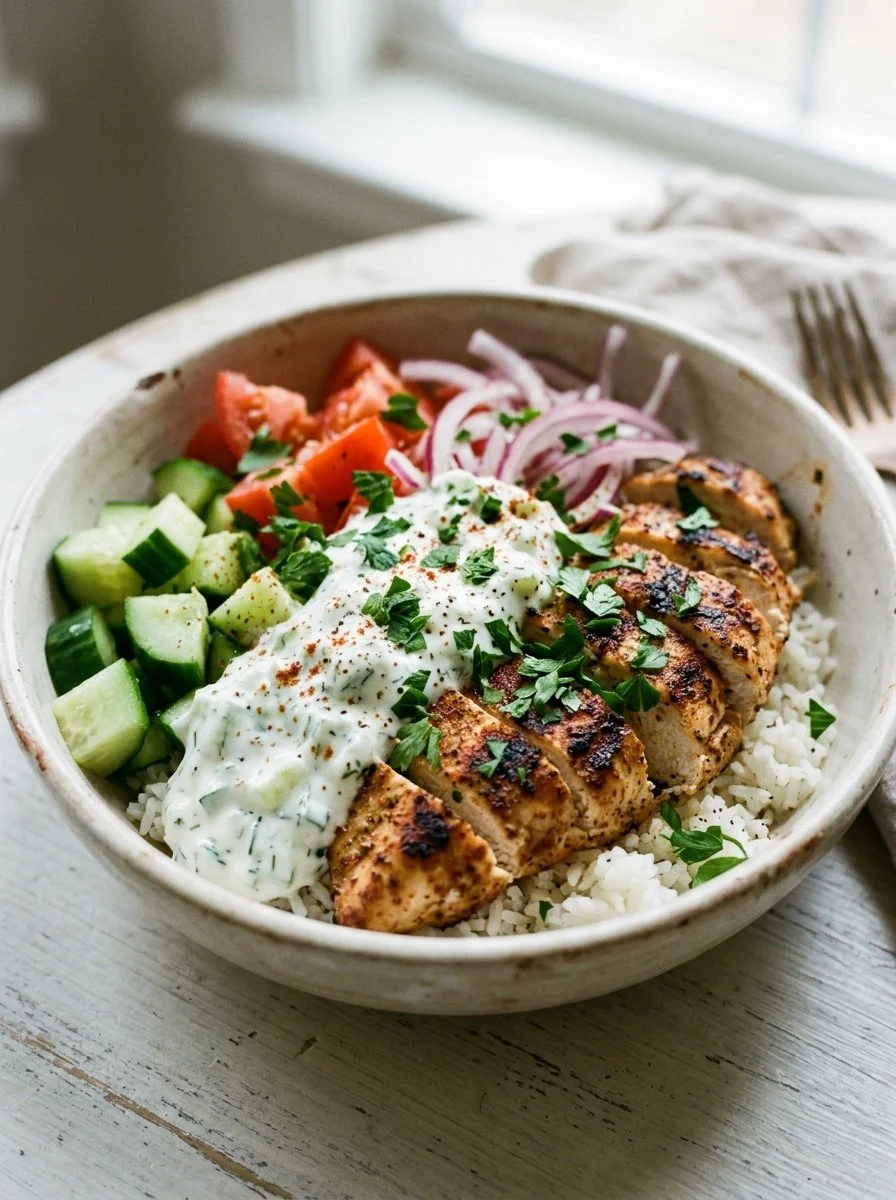 Delicious Chicken Gyro Bowl with fresh vegetables and tzatziki sauce