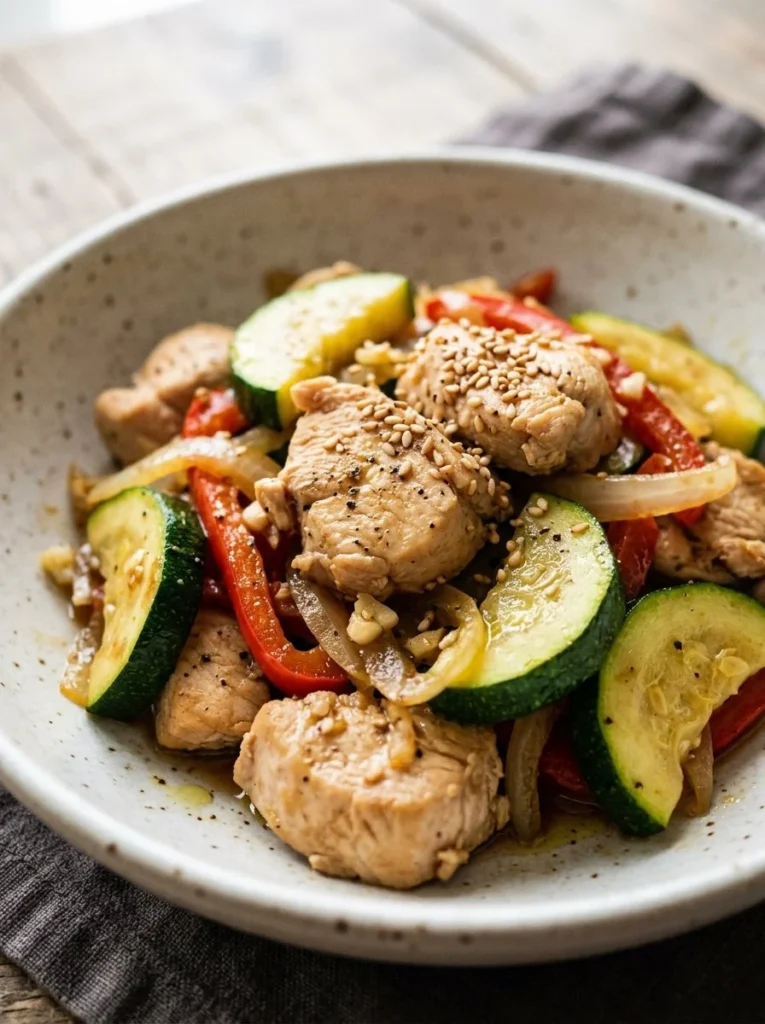 Chicken Zucchini Stir Fry with colorful vegetables in a wok