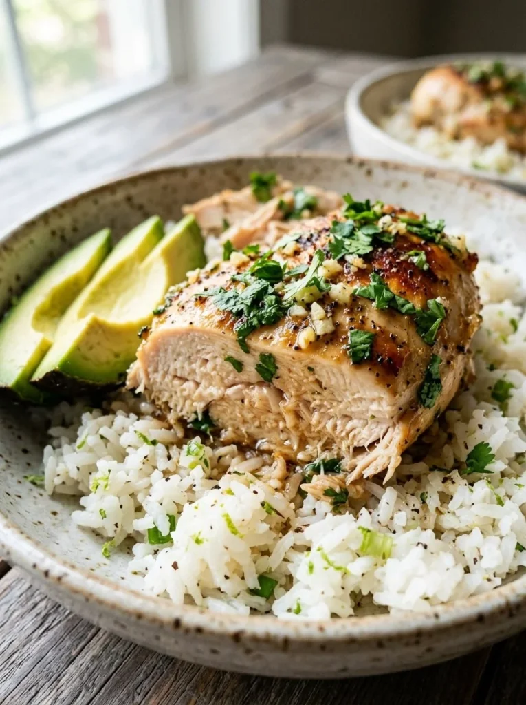 Delicious cilantro lime chicken garnished with fresh cilantro and lime slices